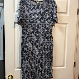 Navy and cream design short sleeve pencil dress